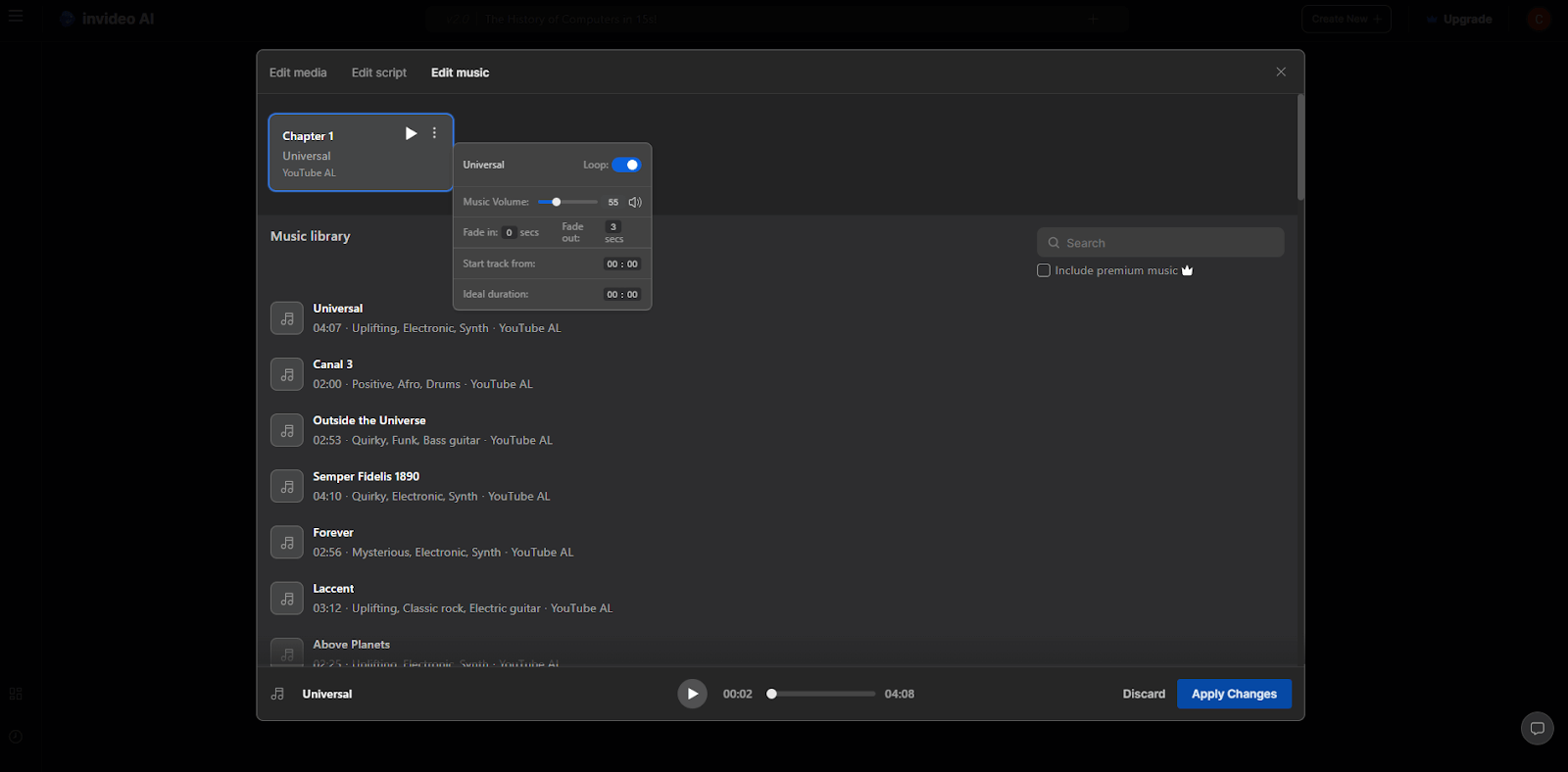 Invideo interface showing options for editing the volume and transition of background music in the video