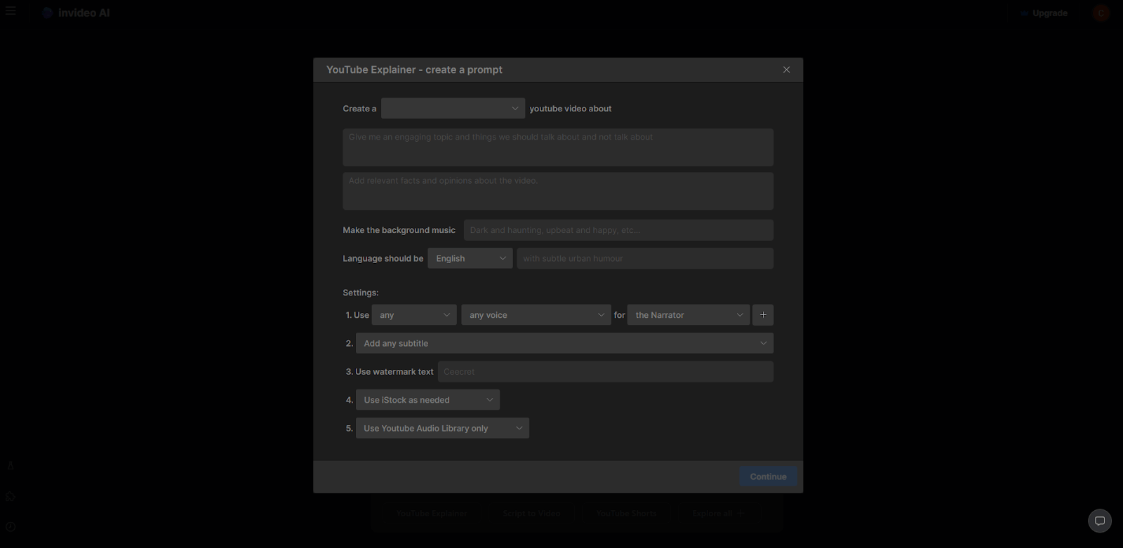 Input fields under the YouTube Explainer tab for user in Invideo AI