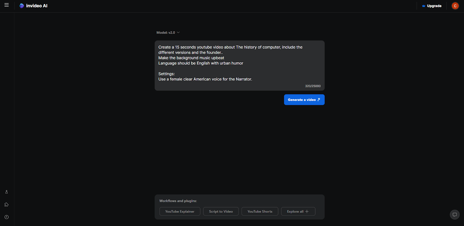 Screenshot showing a completed user prompt in InVideo AI, ready to generate a video