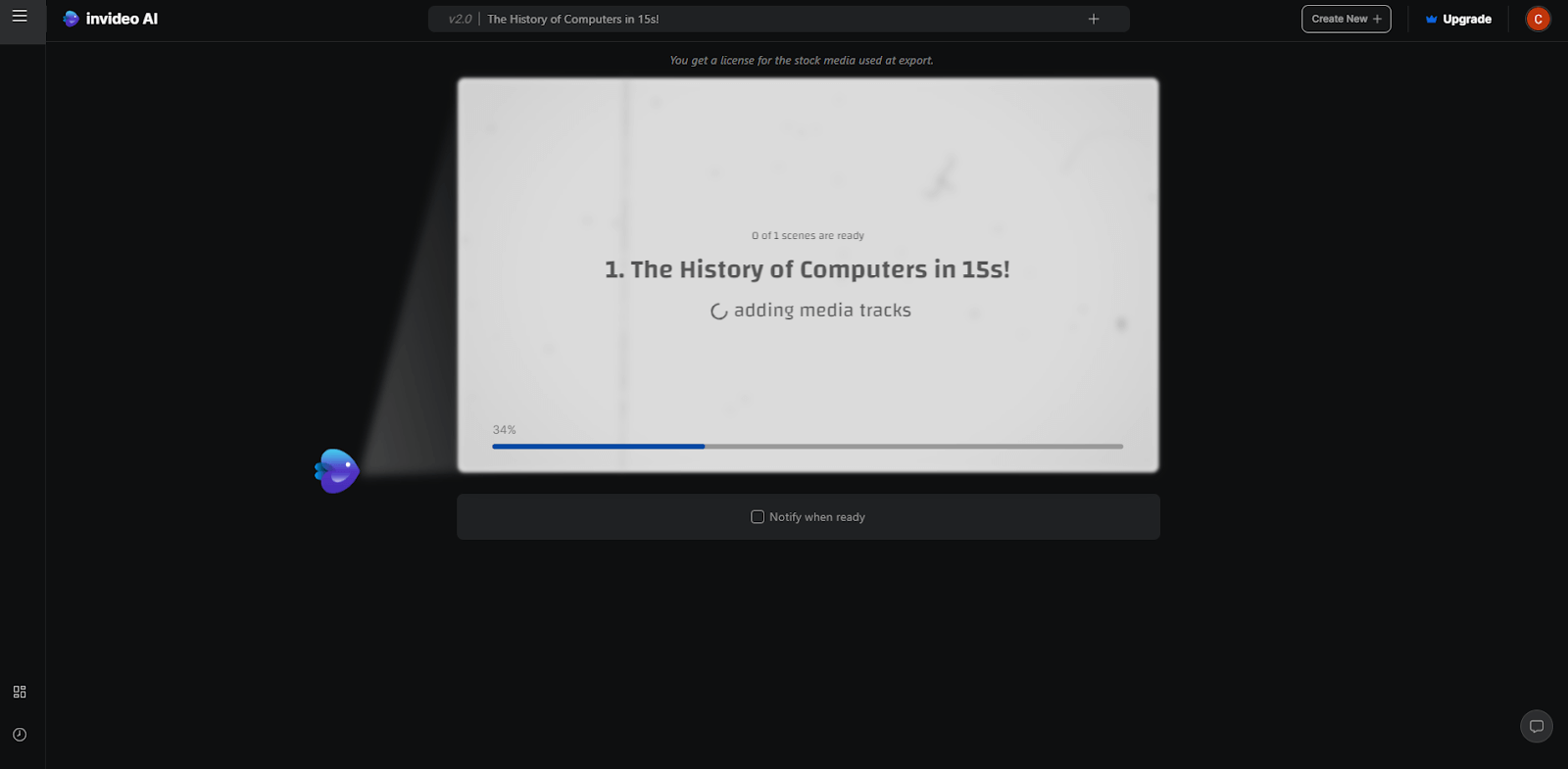 Invideo AI interface generating content for a YouTube Explainer video about the history of computers