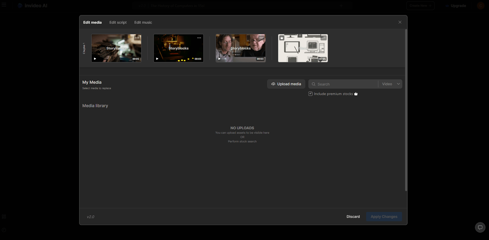 Edit mode of the AI-generated video in InVideo, showcasing the storyboard