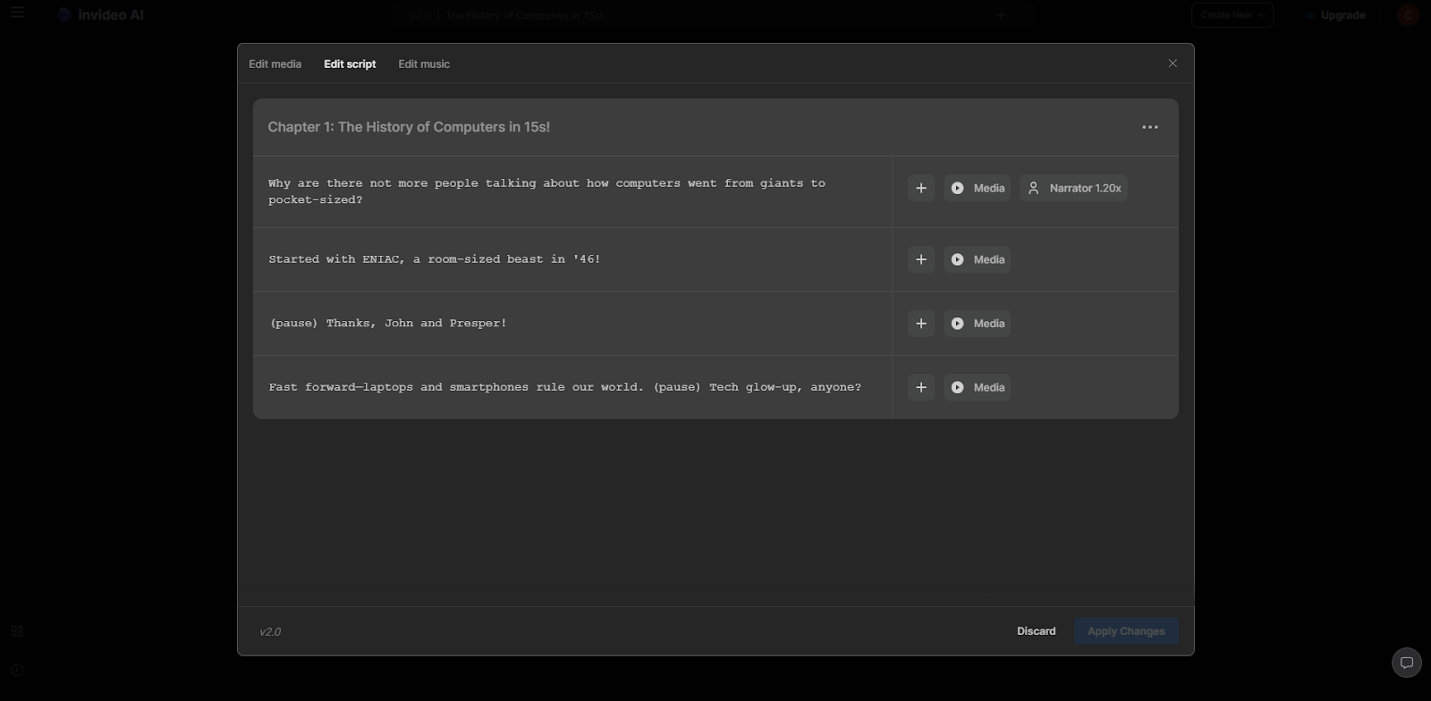 The Edit Script tab in Invideo, allowing users to edit the script and add a narrator