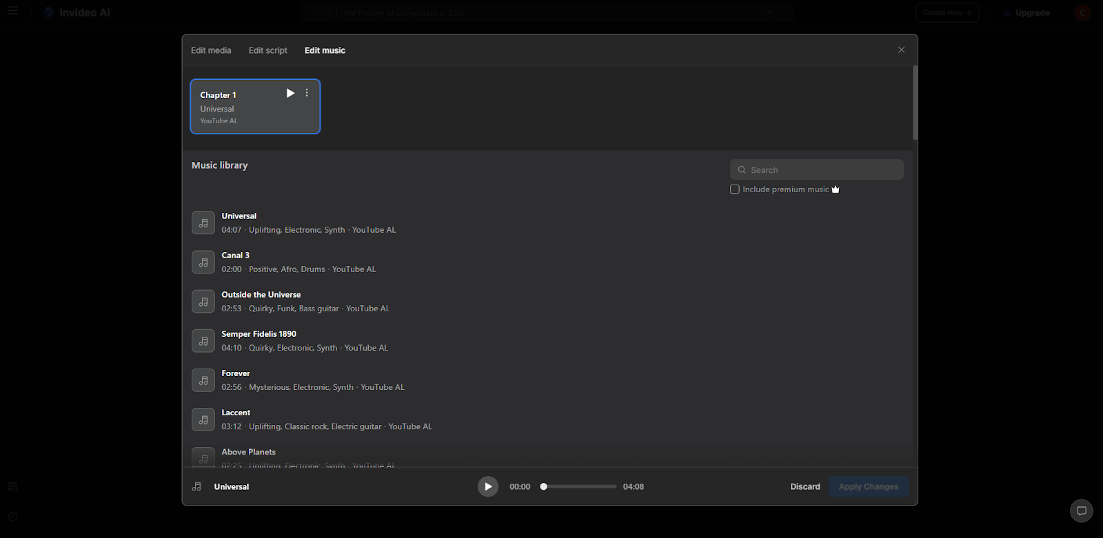 The Edit Music tab in Invideo, featuring options to add background music from a library