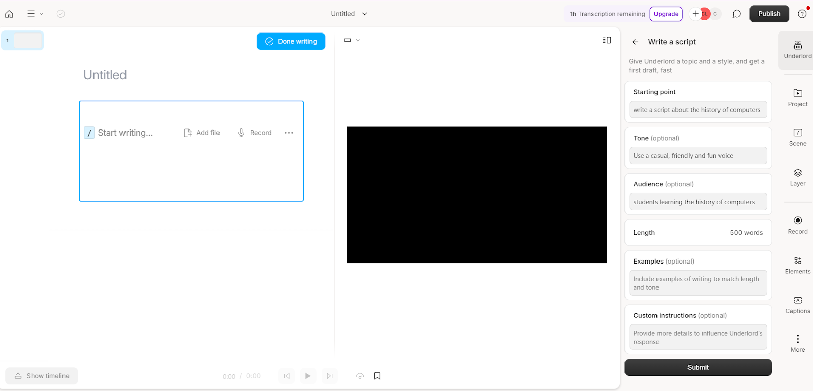 Providing instructions in Underlord's input field to generate a script for content about the history of computers