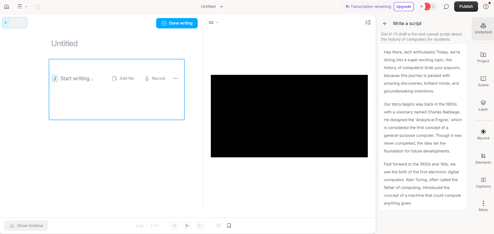 Screenshot of the script generated by Underlord, detailing the history of computers