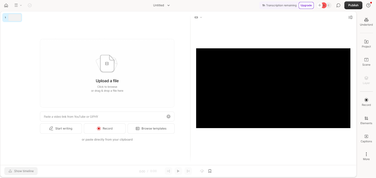 A screenshot of the Create Project landing page of Descript, showing various options and tools available for starting a new project