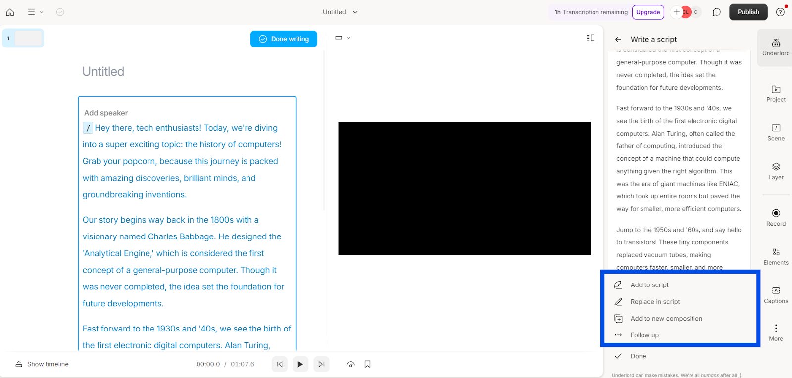 Screenshot showing options to manually edit or make changes to the script generated by Underlord
