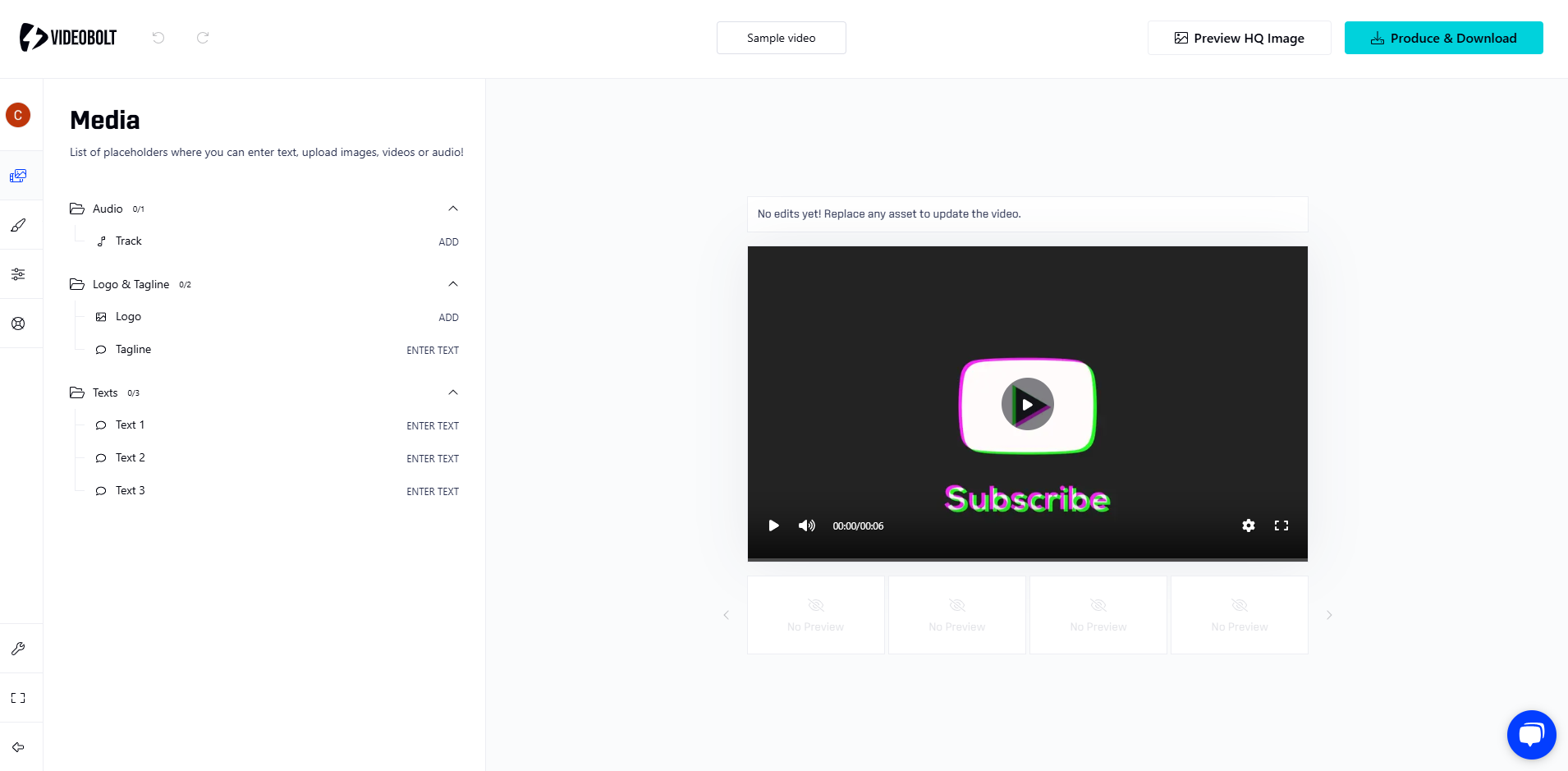 Videobolt media editor interface displaying audio, logo, and text customization options for a subscribe animation.