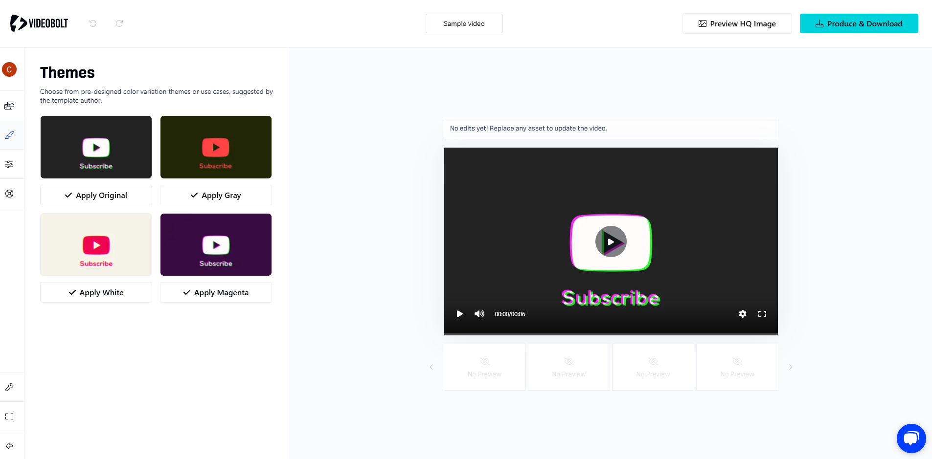 Videobolt theme editor showing color themes for a subscribe animation, with options for Original, Gray, White, and Magenta.