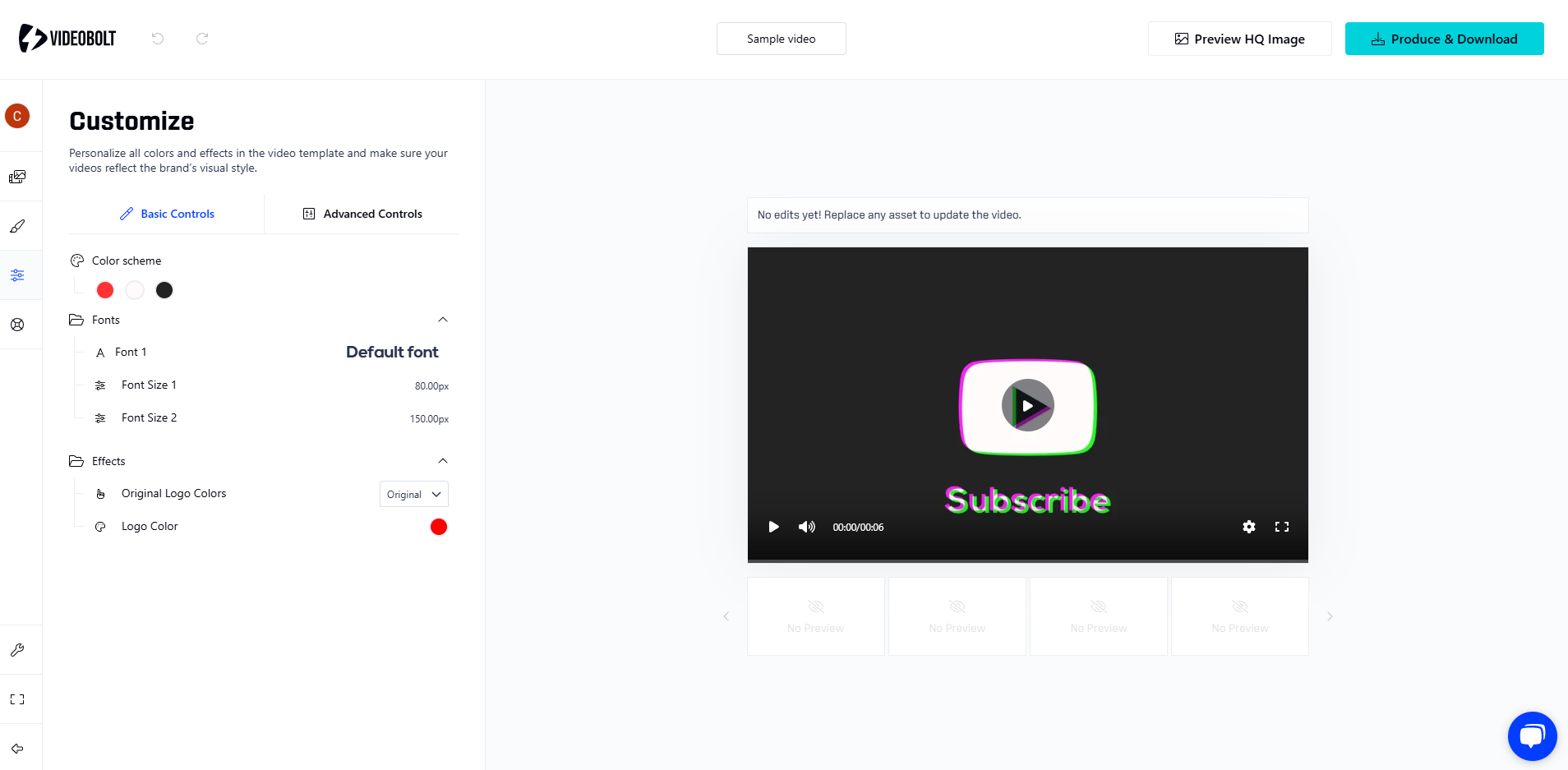 Videobolt customization interface showing color scheme, font options, and effects settings for a subscribe animation, including options for red and black color themes.