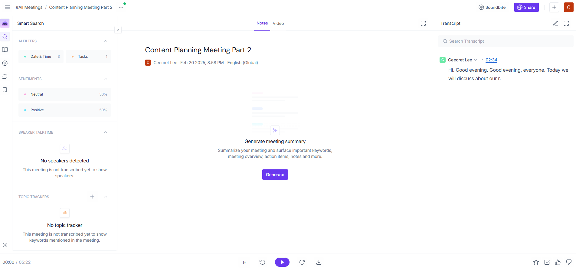 Screenshot of Fireflies.ai displaying the transcript and AI-powered meeting summary options including sentiment analysis, filters, and playback controls.
