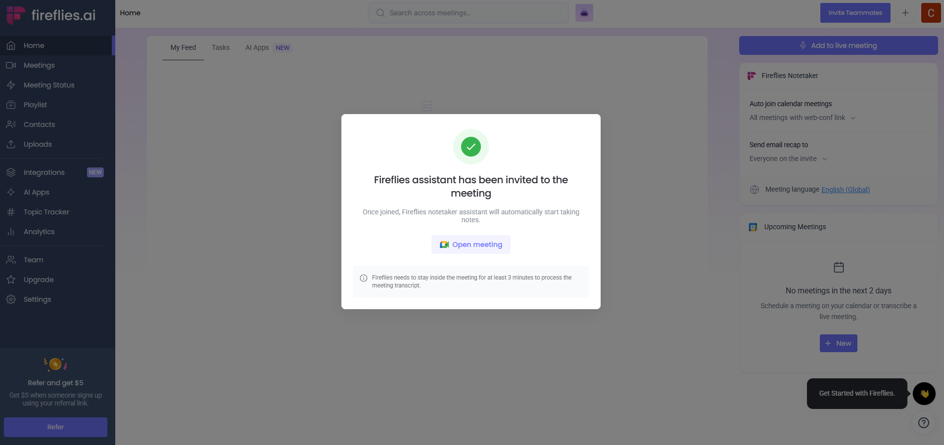 Screenshot of Fireflies.ai confirming that the assistant has been invited to the meeting, with a green checkmark and an "Open meeting" button for user access.