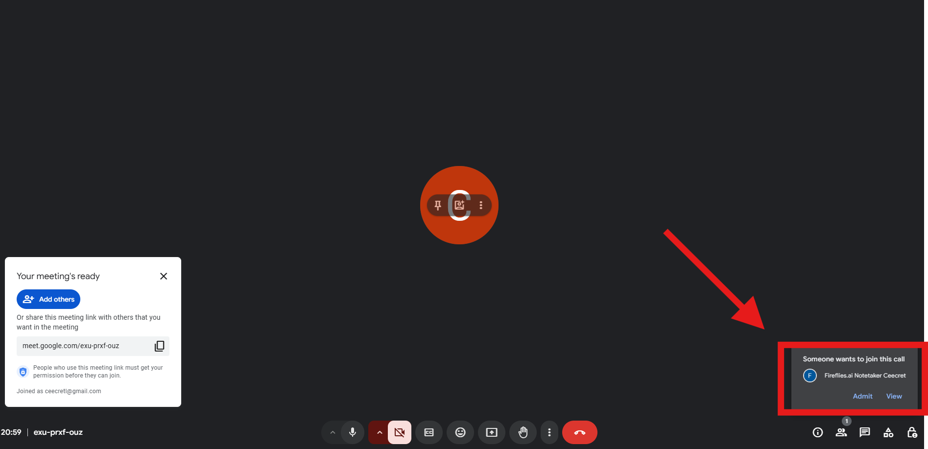 Screenshot of a Google Meet call with a notification in the bottom right corner, showing Fireflies.ai Notetaker requesting to join the meeting, highlighted by a red arrow.