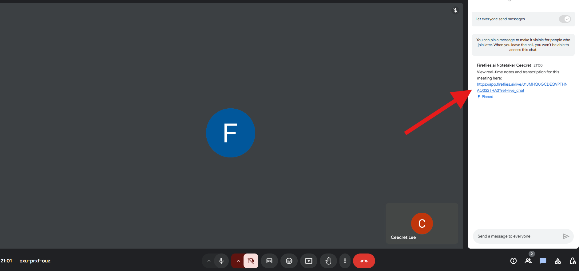 Screenshot of a Google Meet call with Fireflies.ai Notetaker sharing a real-time transcription link in the chat, highlighted by a red arrow.