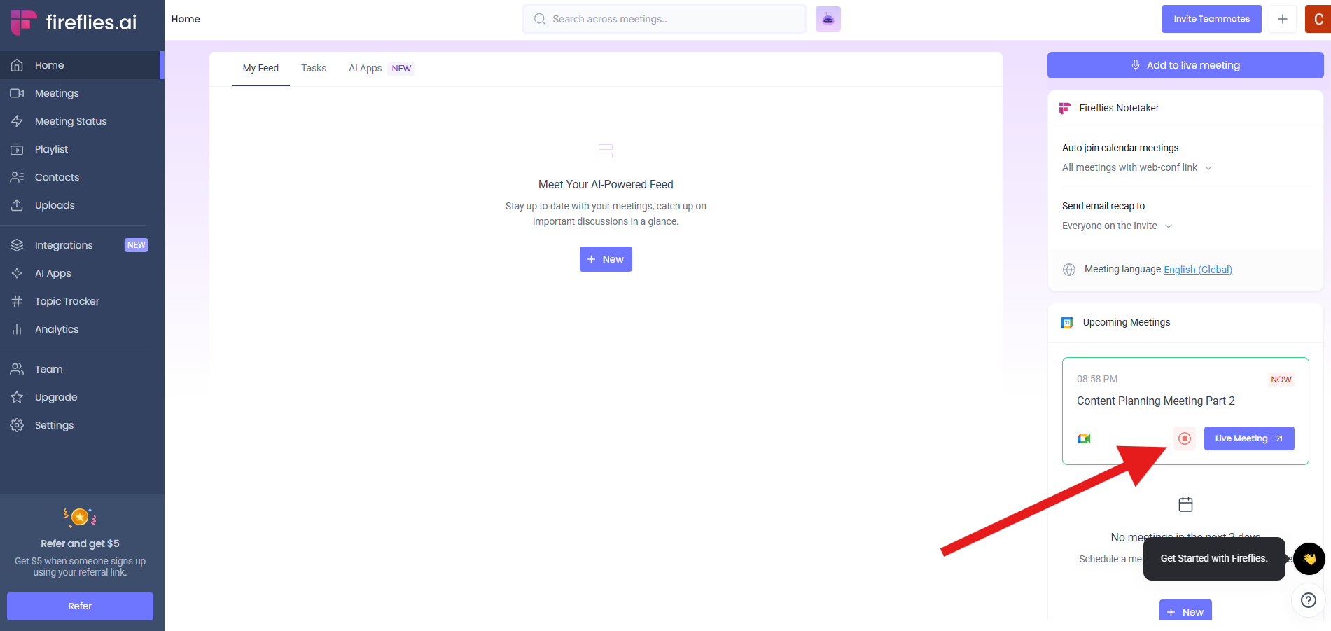 Screenshot of the Fireflies.ai dashboard showing an ongoing meeting  highlighted with a red arrow, indicating that the Fireflies Notetaker is actively recording.