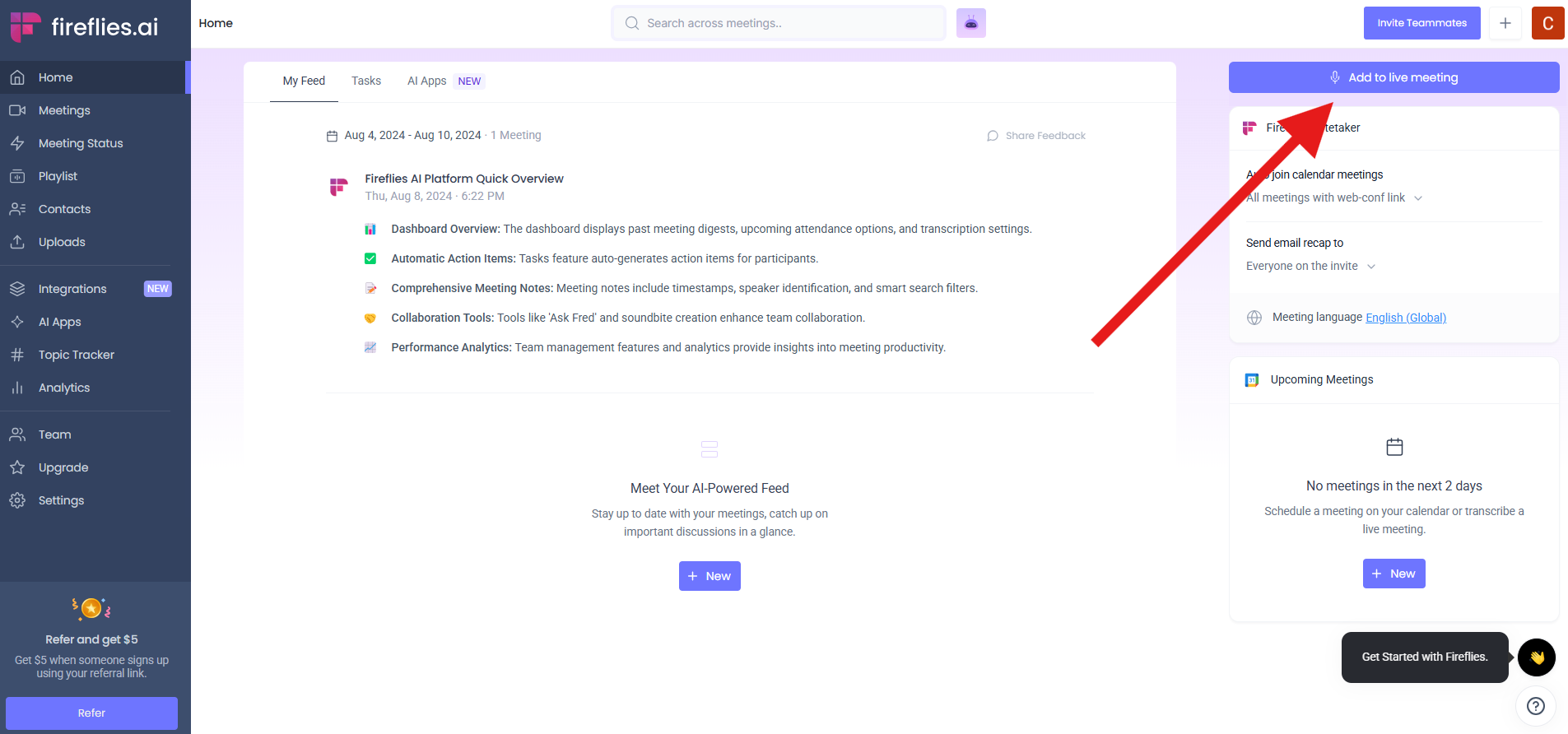 Screenshot of the Fireflies.ai dashboard with a red arrow pointing to the "Add to live meeting" button on the right panel, indicating how to manually add Fireflies' AI notetaker to an ongoing meeting.