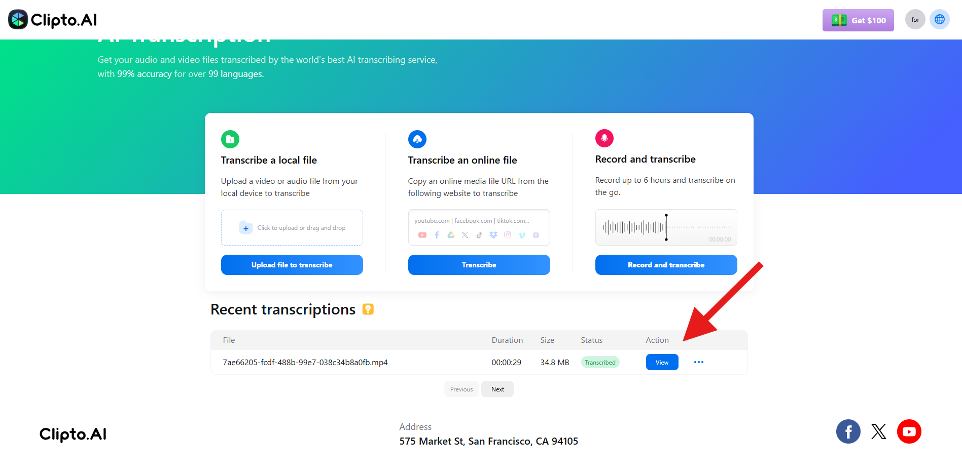 Clipto.AI interface displaying a transcribed file entry with file name, duration, size, status, and a red arrow highlighting the blue "View" button in the Action column.
