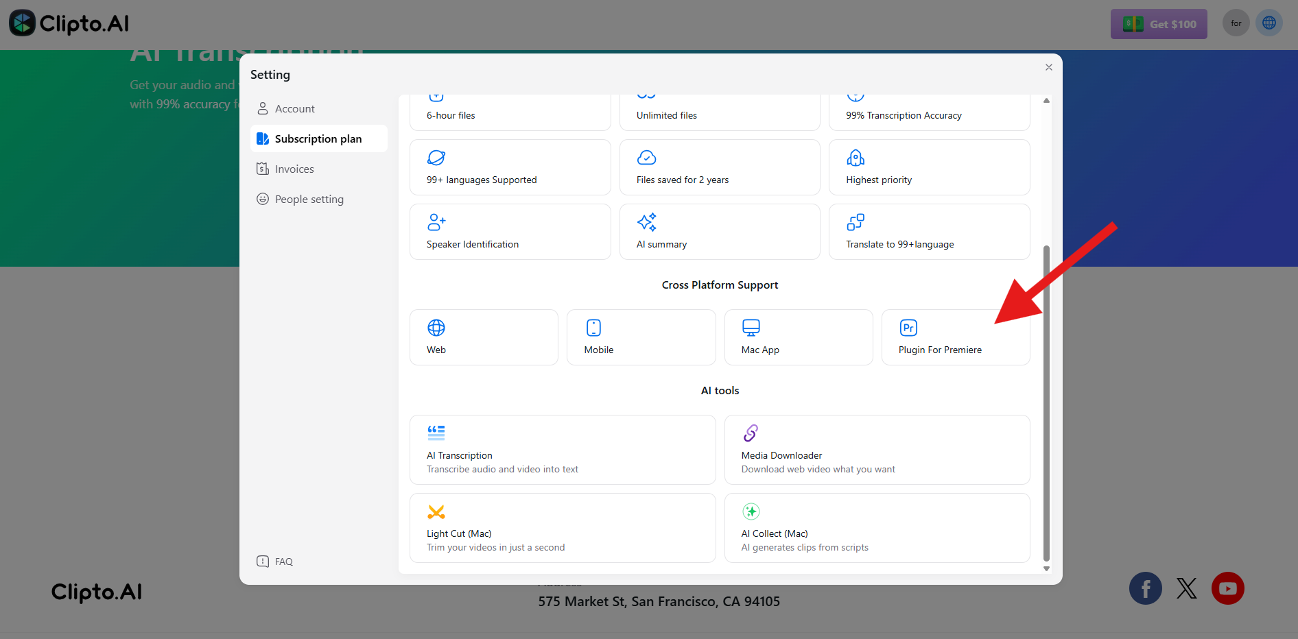 Clipto.AI settings screen under the "Subscription plan" tab, with a red arrow pointing to the "Plugin for Premiere" option among other features like AI summary, speaker identification, and web/mobile access.