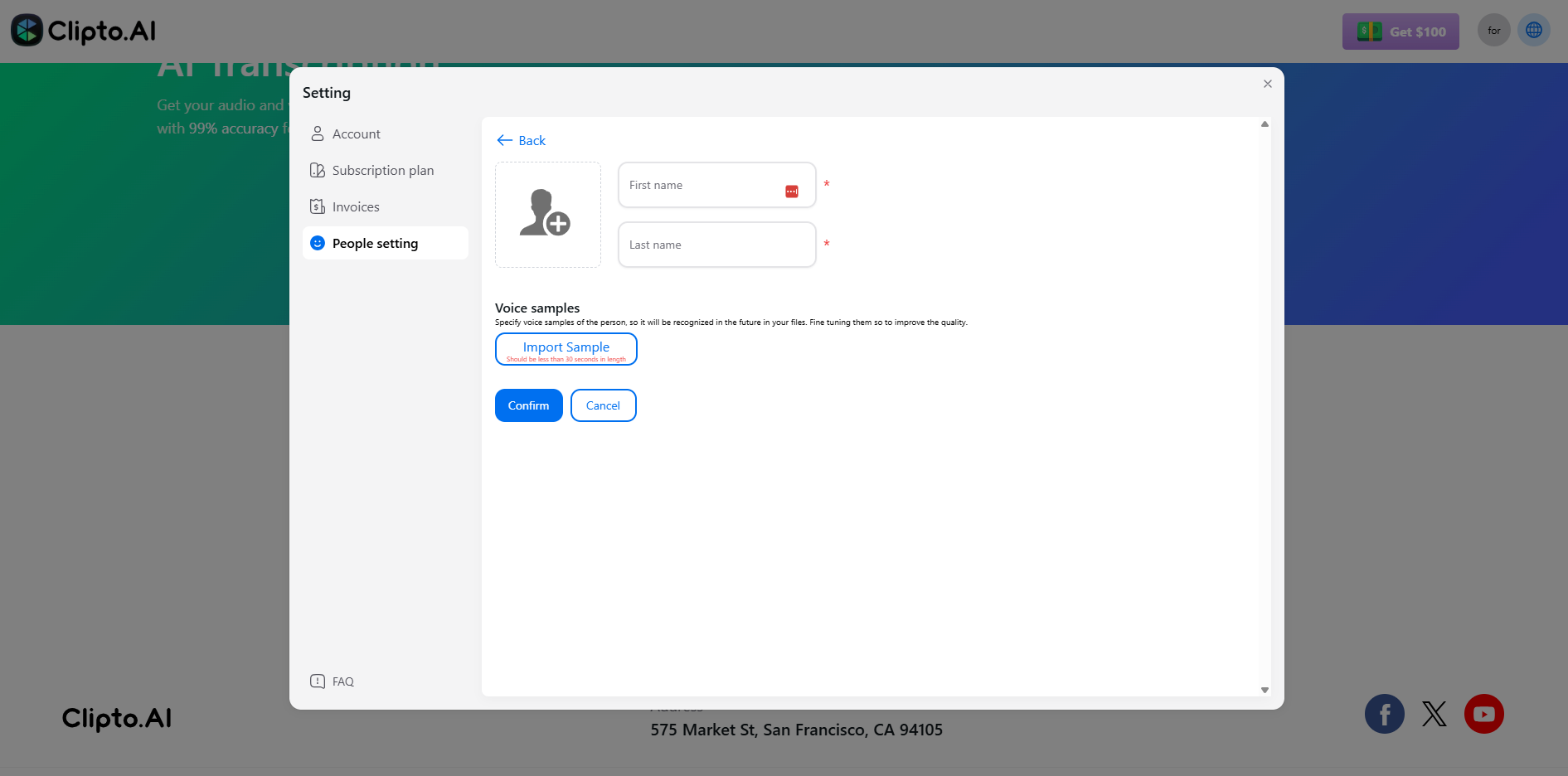 Clipto.AI “Add New Person” screen with input fields for first and last name, an option to import a voice sample under 30 seconds, and “Confirm” and “Cancel” buttons.