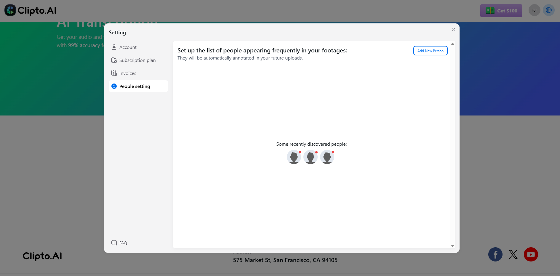 Clipto.AI settings screen open to “People setting” tab, showing option to add new people and recently discovered faces for tagging in uploaded footage.