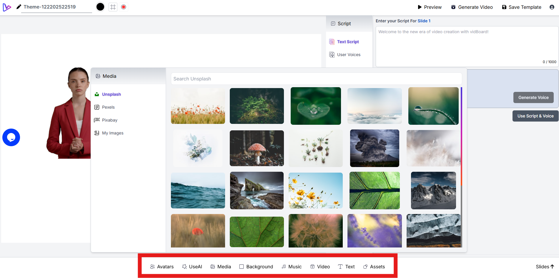 VidBoard AI interface showing Unsplash image options for video backgrounds, with a female avatar on the left and a red highlight around the bottom toolbar.
