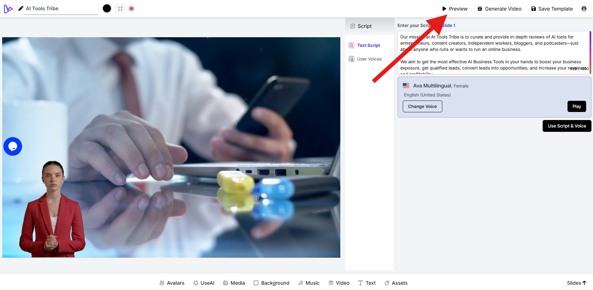 VidBoard AI interface with an AI avatar, user script, and background media. A red arrow highlights the "Preview" button for reviewing the video.