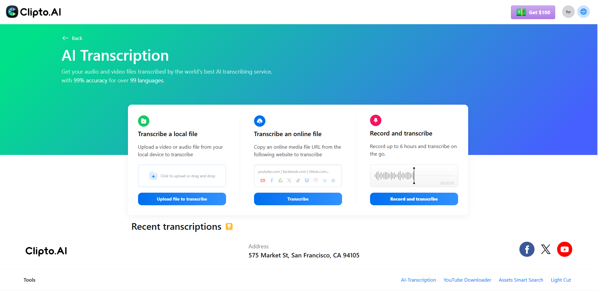 Clipto.AI transcription page with tools to upload, link, or record audio for transcription.