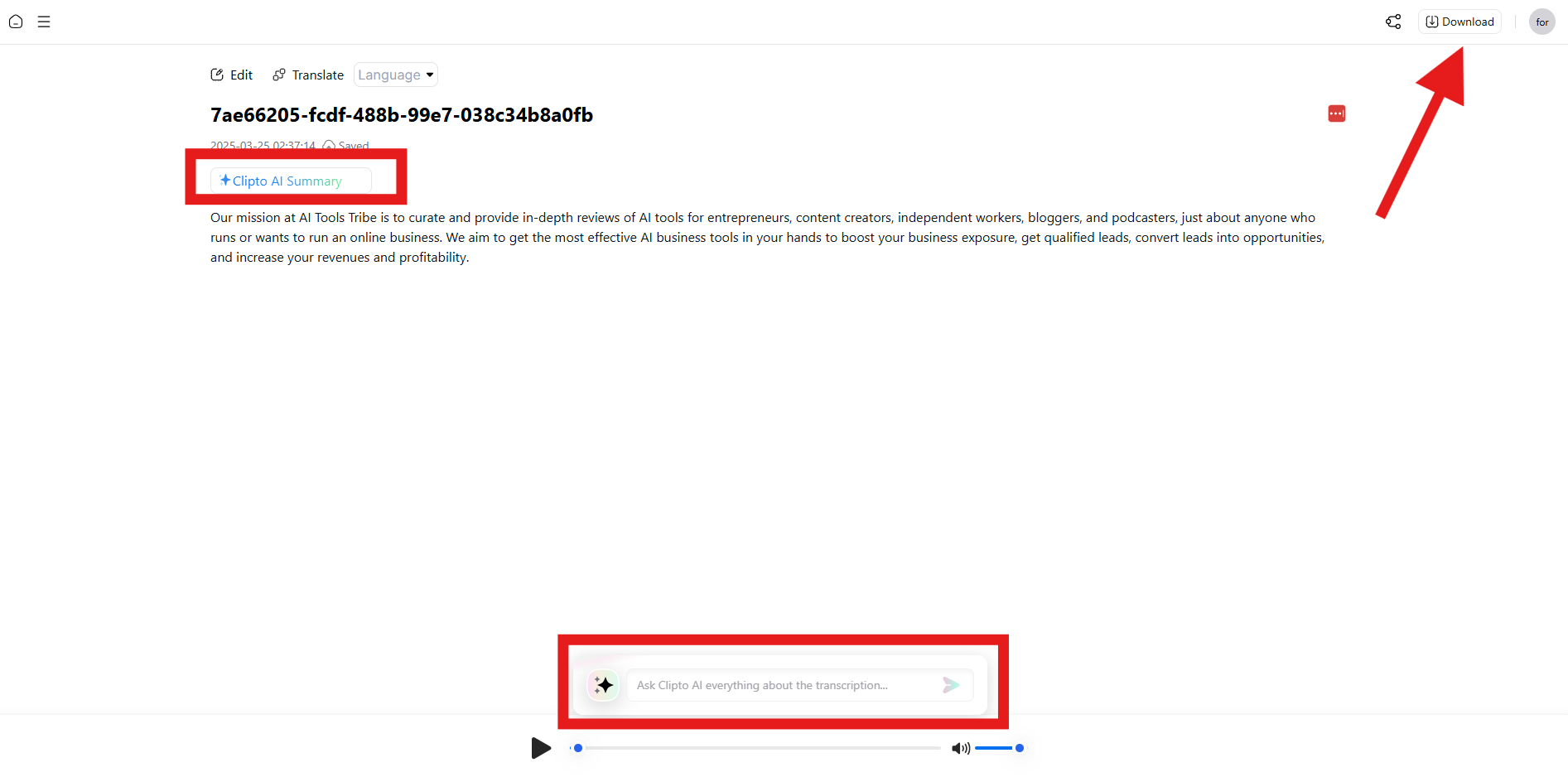 Clipto.AI transcript interface with a displayed text summary, "Clipto AI Summary" button, a chatbot input field labeled "Ask Clipto AI," and a red arrow pointing to the top-right "Download" button.
