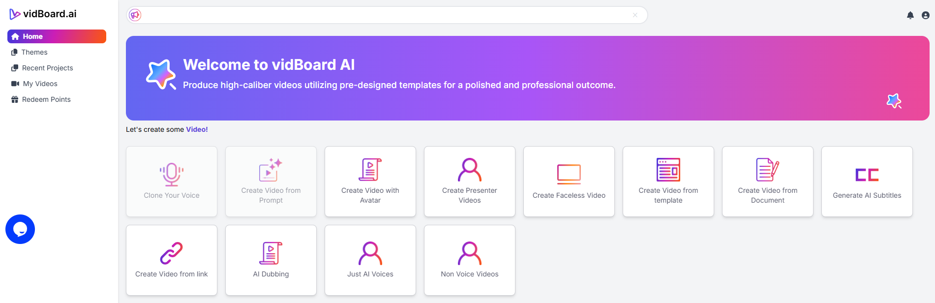 Screenshot of VidBoard AI's main dashboard with options like "Clone Your Voice," "Create Video from Prompt," "Create Video with Avatar," and many more.