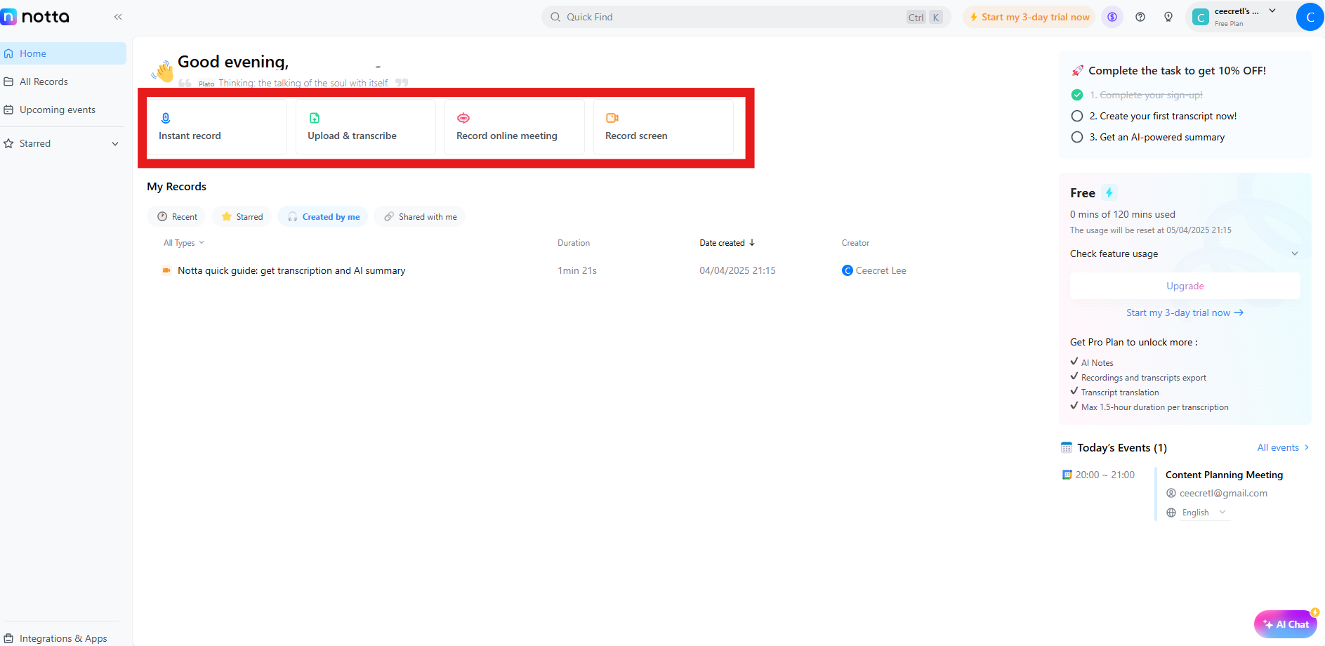 Notta dashboard showing options to instantly record, upload and transcribe files, record online meetings, or record screen.