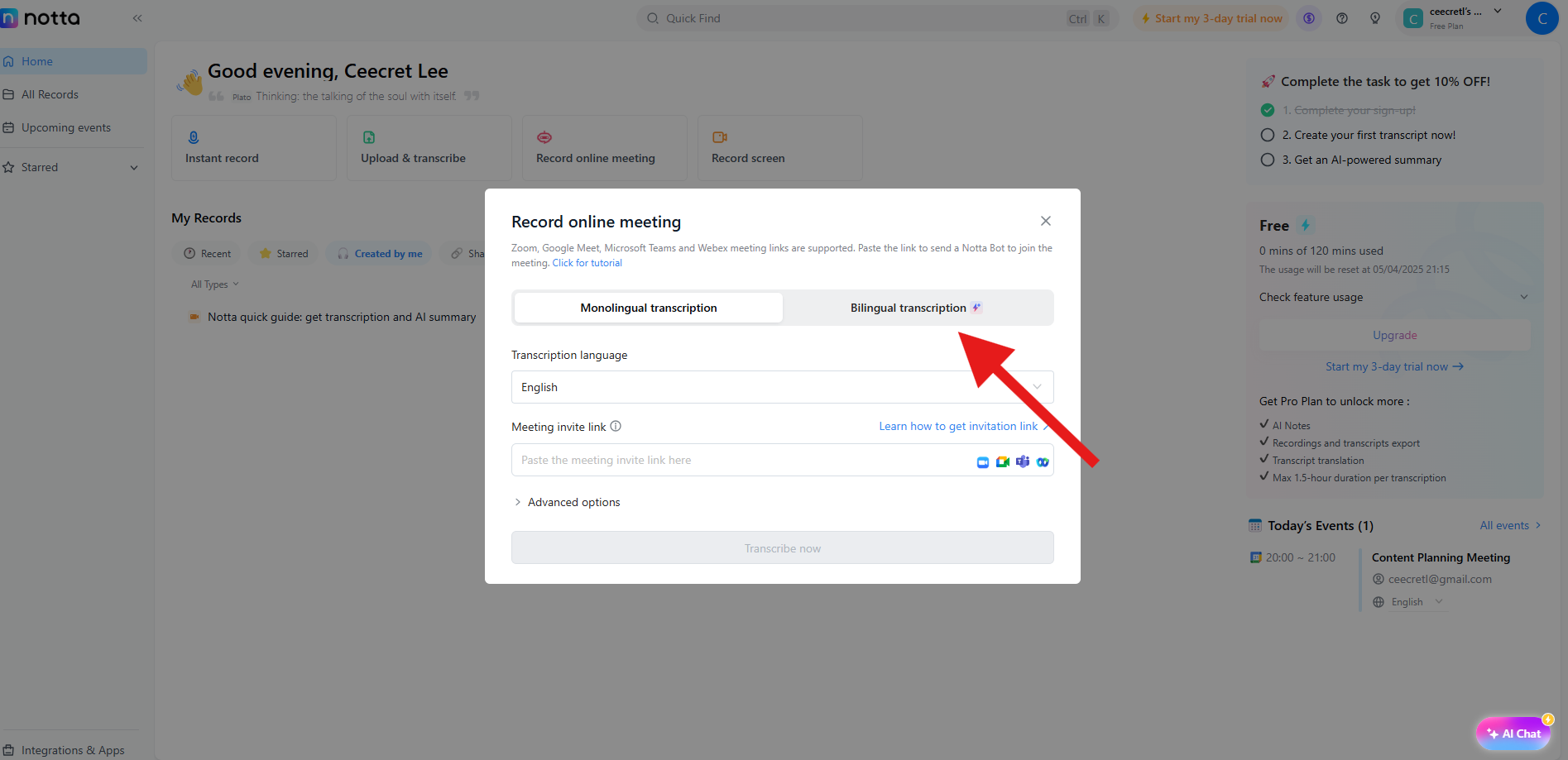 Popup window in Notta showing the option to switch from monolingual to bilingual transcription before recording an online meeting.
