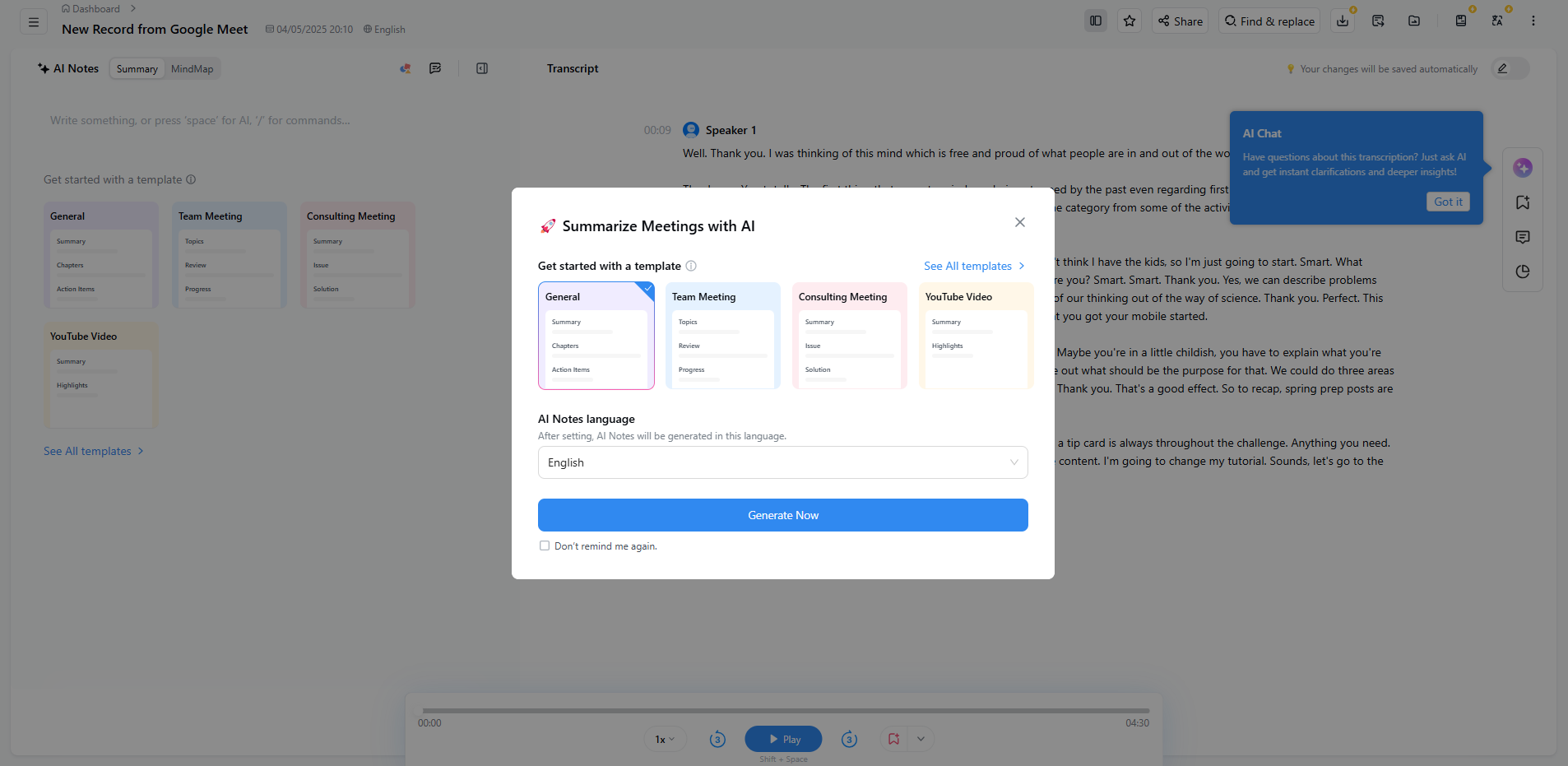 Notta screen showing AI summary templates for meetings, including General, Team Meeting, Consulting Meeting, and YouTube Video.