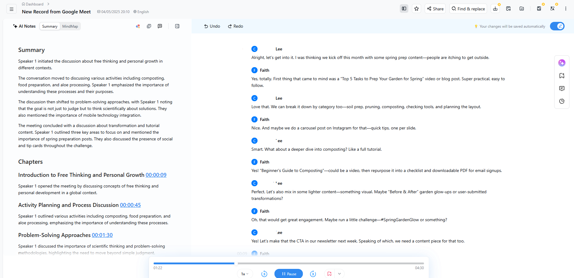 Notta screen showing a meeting summary with chapters on the left and full transcript with speaker labels on the right.