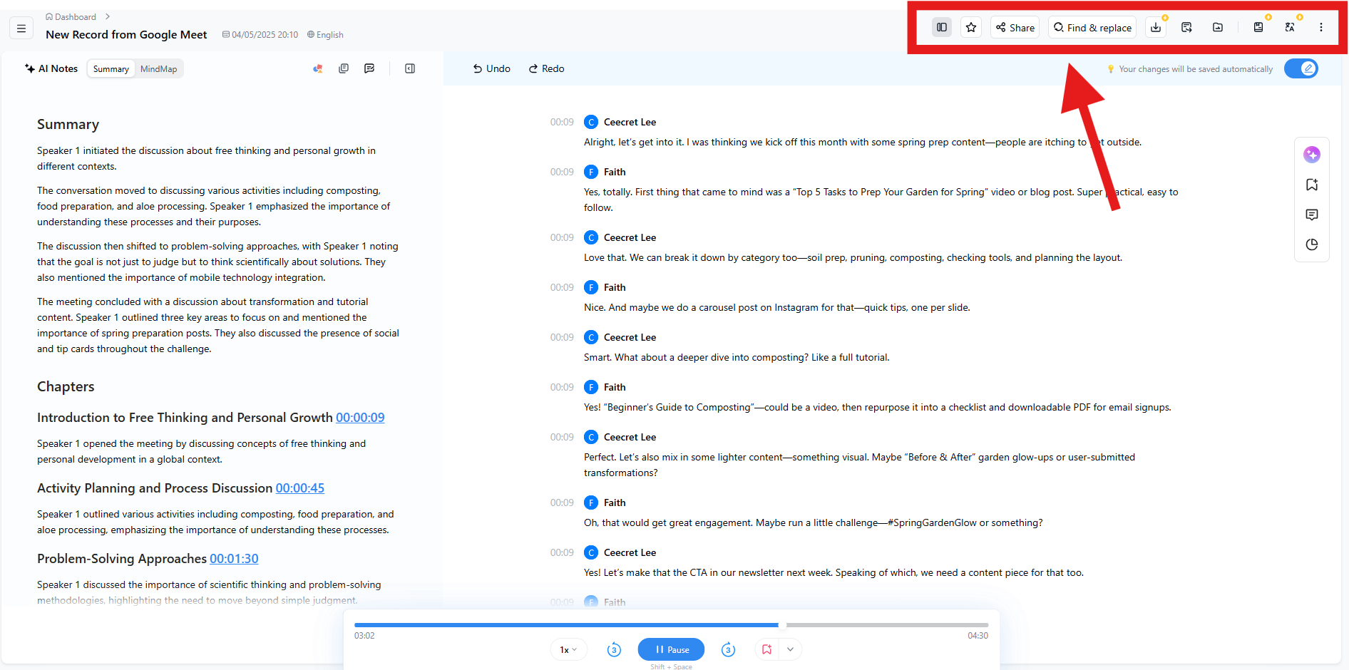 Highlighted export and share icons in the Notta transcript view, showing options to share, download, and use find & replace.