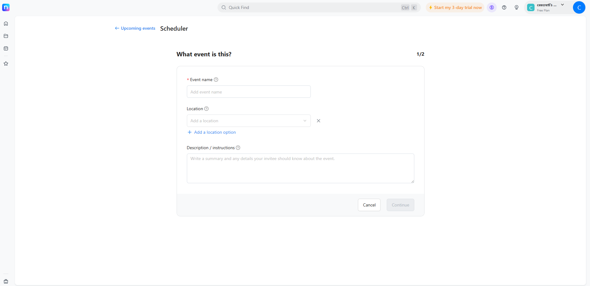 Notta event scheduler showing fields to enter event name, location, and description before proceeding.