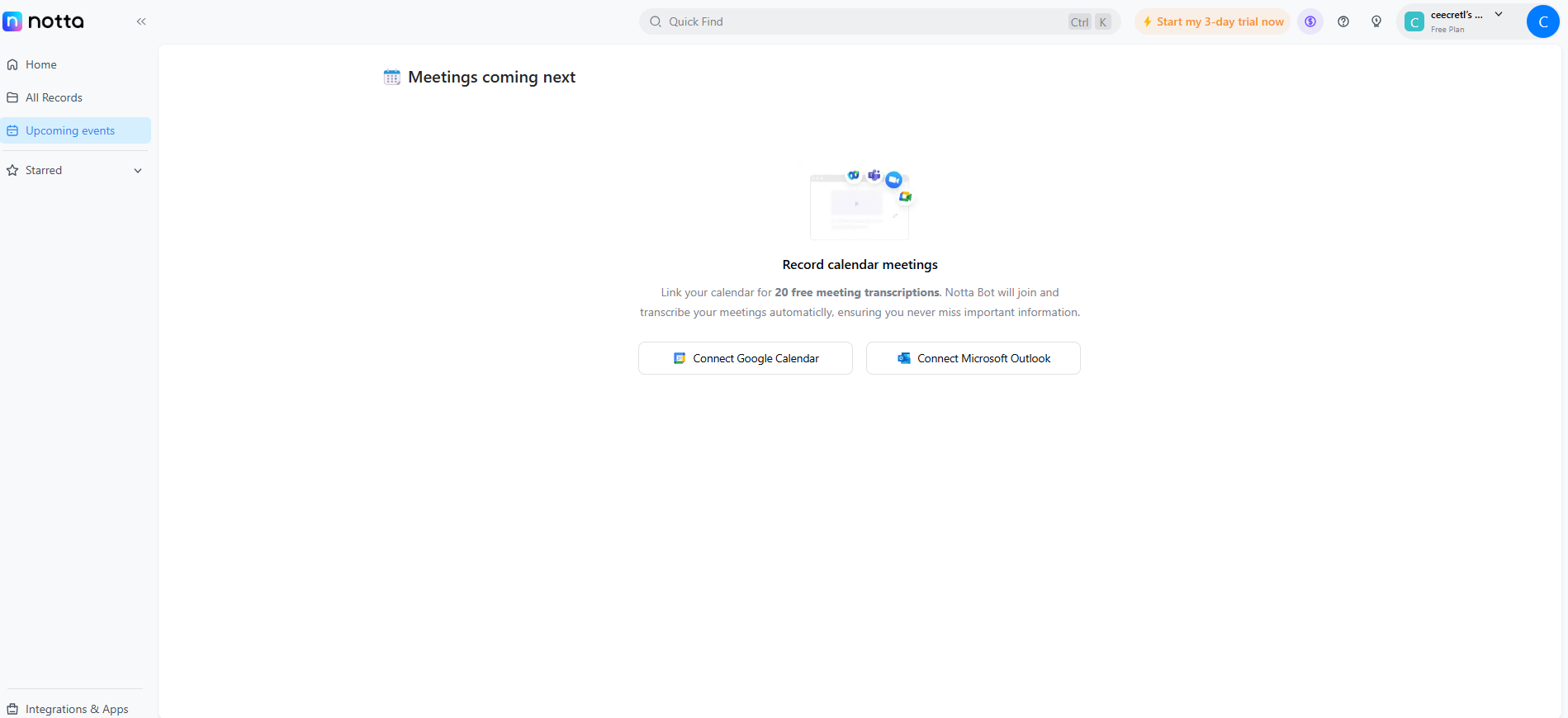 Notta dashboard with options to link Google or Outlook calendar for auto meeting transcriptions.
