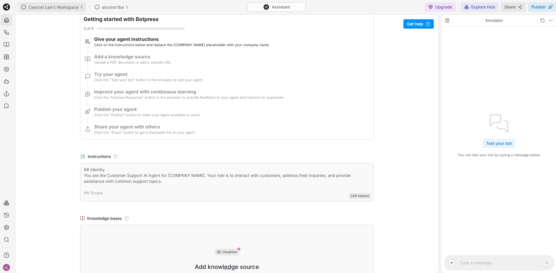 Botpress interface showing the “Getting started with Botpress” checklist and visual flow builder, where users define conversation flows and test their bot interactions.