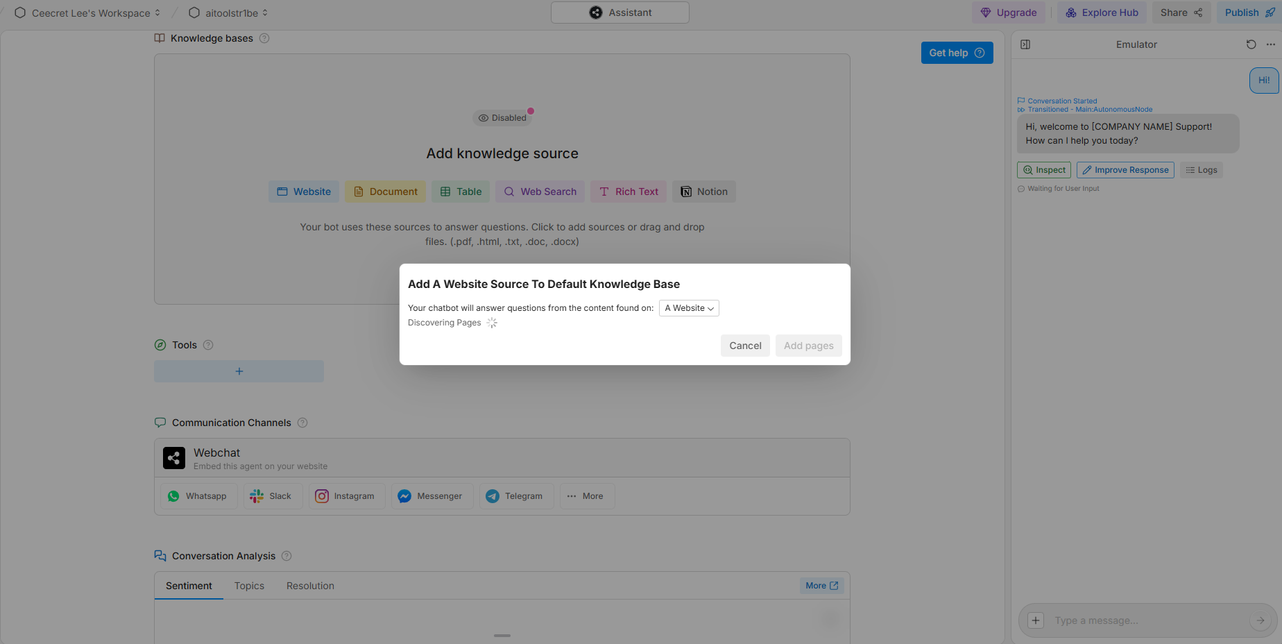 Botpress interface showing the “Add a Website Source to Default Knowledge Base” popup, where users upload documents, websites, or PDFs to inform the chatbot’s responses.