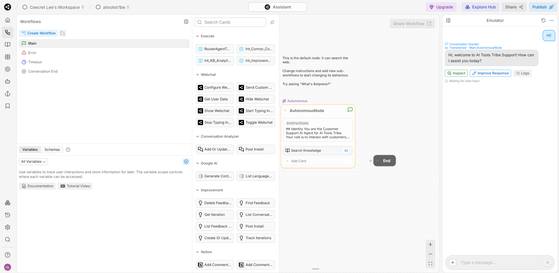 Botpress interface showing the workflow editor and emulator, where users simulate conversations and adjust chatbot flows and responses based on test results.