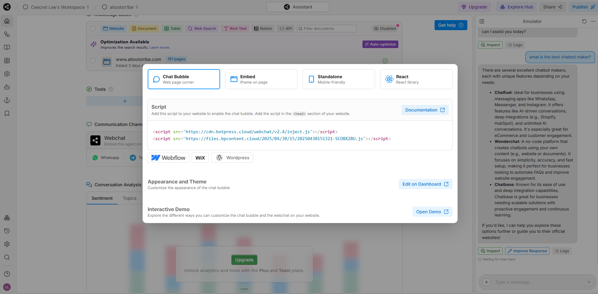 Botpress deployment screen showing embed options such as chat bubble, iframe, standalone, and React, with script snippets and integrations for platforms like Webflow, Wix, and WordPress.