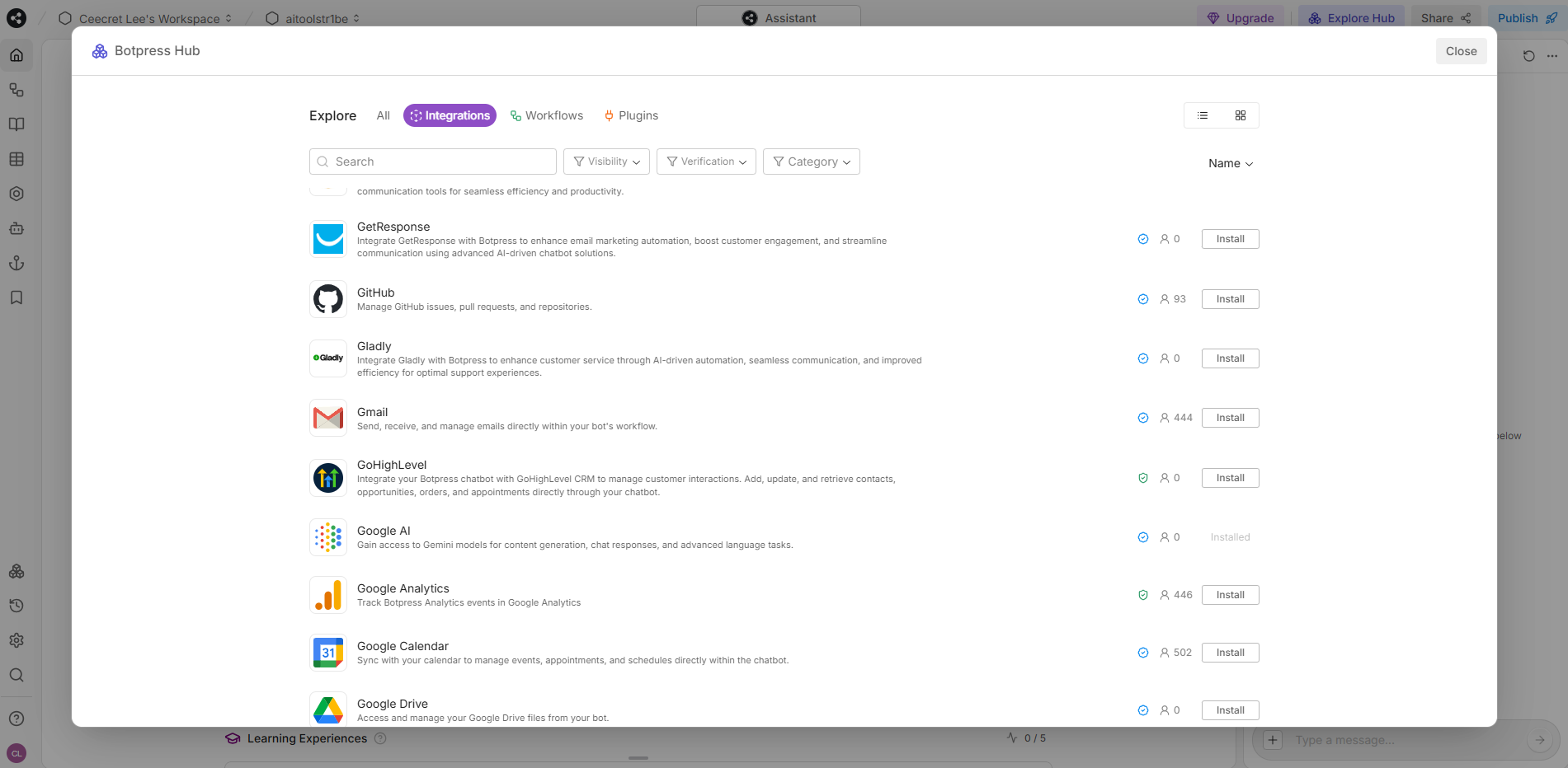 Botpress Hub interface listing integrations such as GetResponse, GitHub, Gmail, Google Analytics, and Google Calendar, enabling bots to connect with external systems for real-time data and actions.