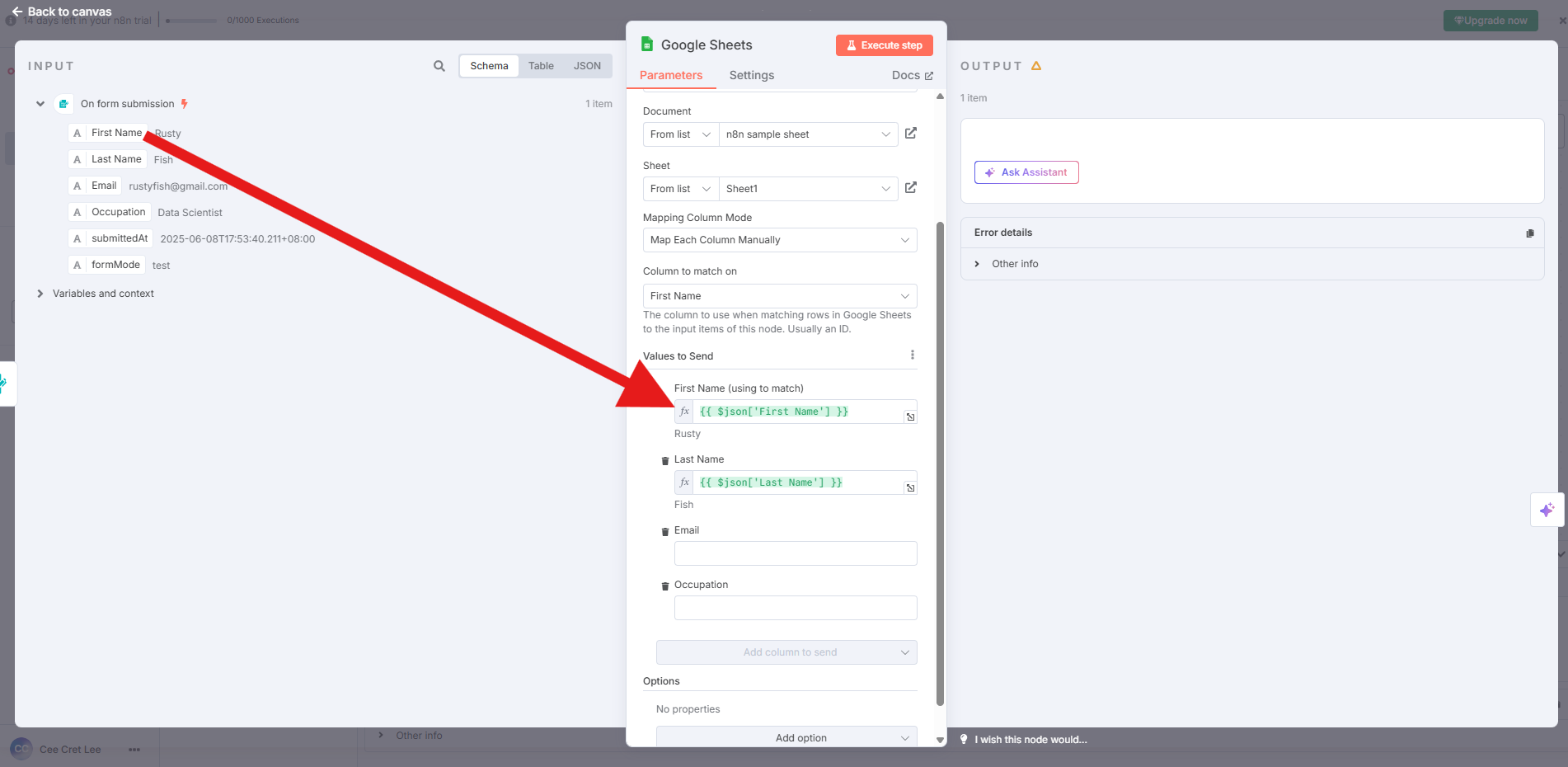 "Google Sheets" node parameters with input fields from "On form submission" being mapped to "Values to Send". An arrow highlights the mapping of "First Name."