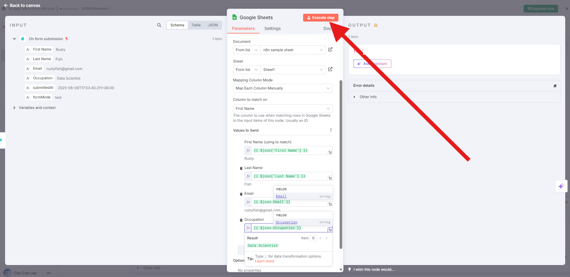 "Google Sheets" node parameters with mapped input data and a red arrow indicating the "Execute step" button.