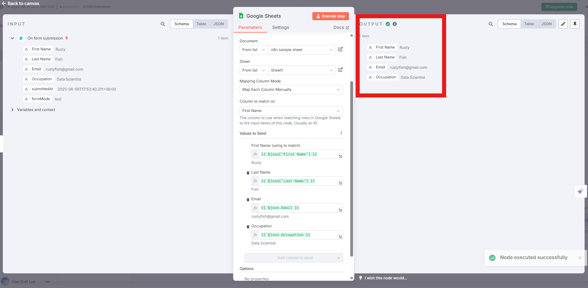"Google Sheets" node interface showing "OUTPUT" with successfully added data and a "Node executed successfully" message.