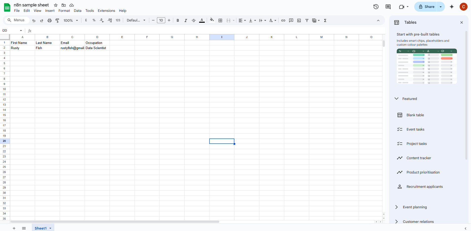 Google Sheet displaying "Rusty Fish" and "Data Scientist" data under "First Name," "Last Name," "Email," and "Occupation" columns.