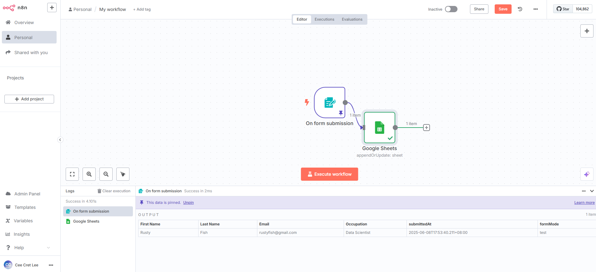 Workflow with "On form submission" linked to "Google Sheets." Output table shows sample submitted data.