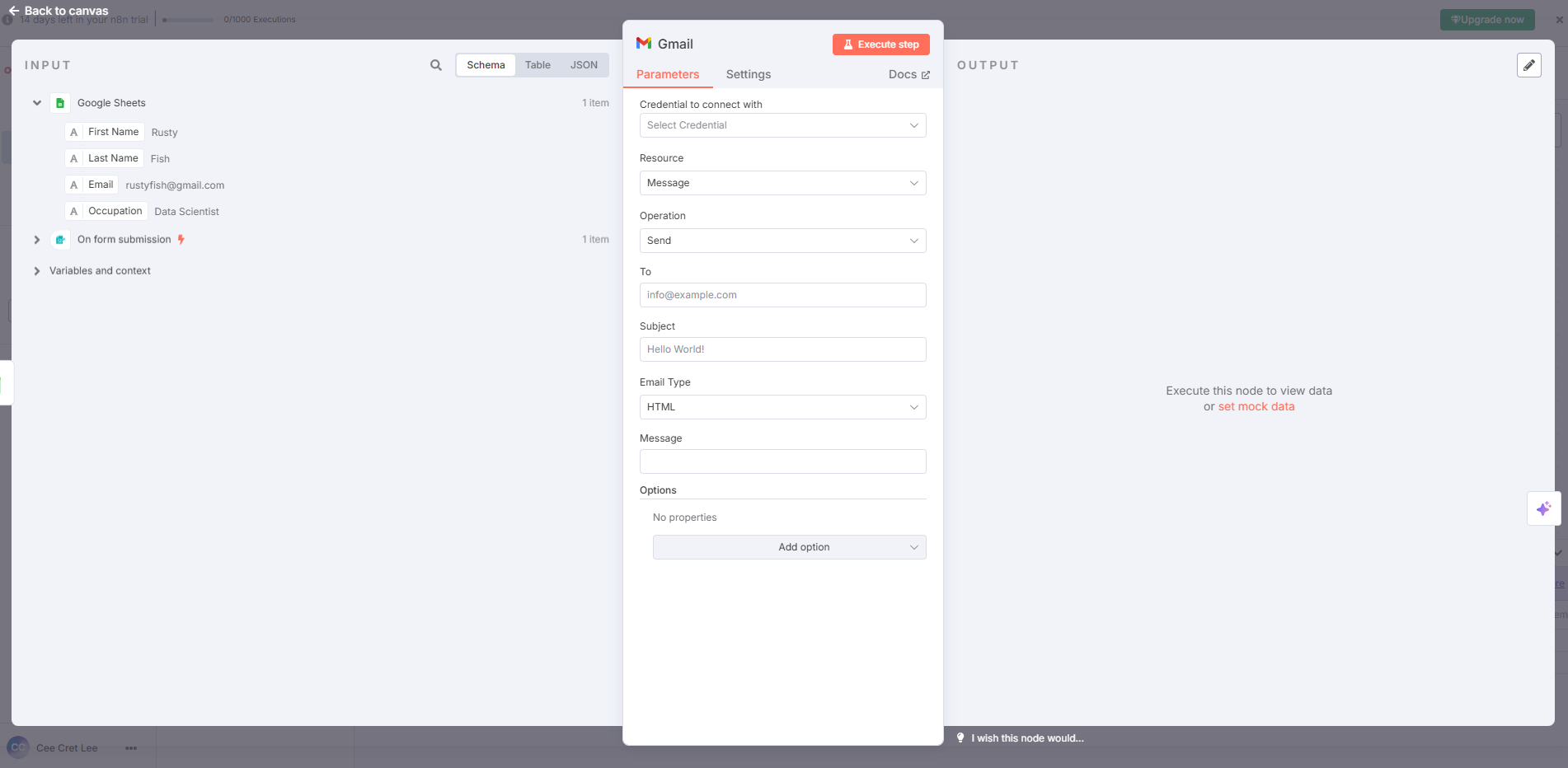 "Gmail" node parameters showing fields for credentials, recipient email, subject, email type, and message.