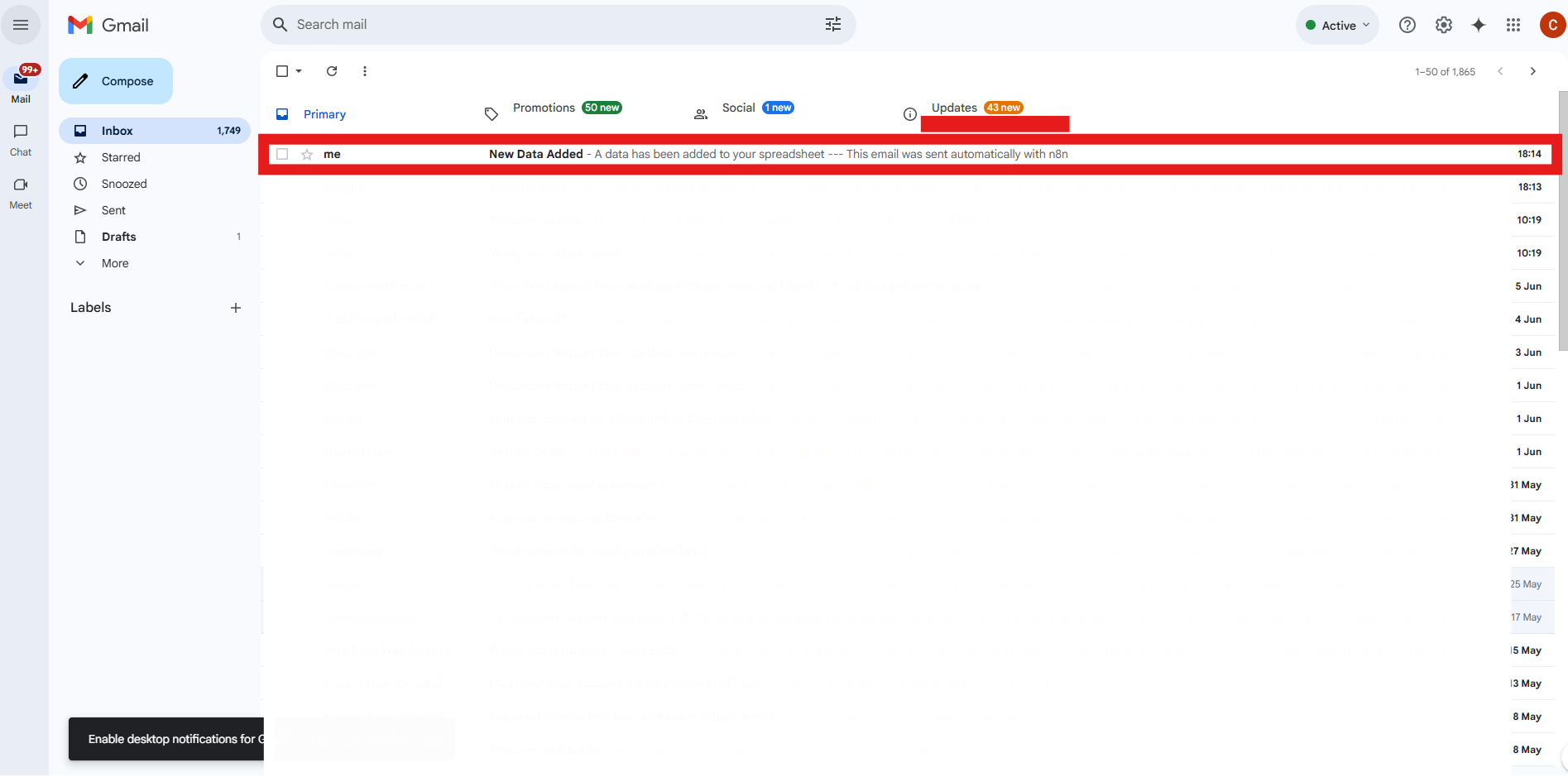 Gmail inbox with an unread email titled "New Data Added - A data has been added to your spreadsheet - This email was sent automatically with n8n."