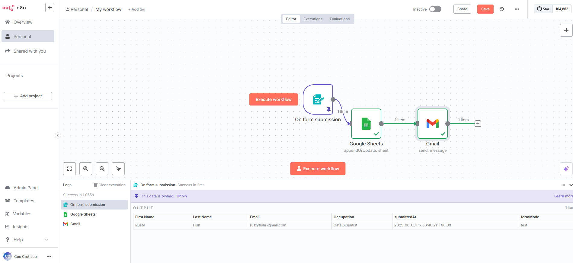 Workflow showing "On form submission," "Google Sheets," and "Gmail" nodes linked. An output table displays sample form data.