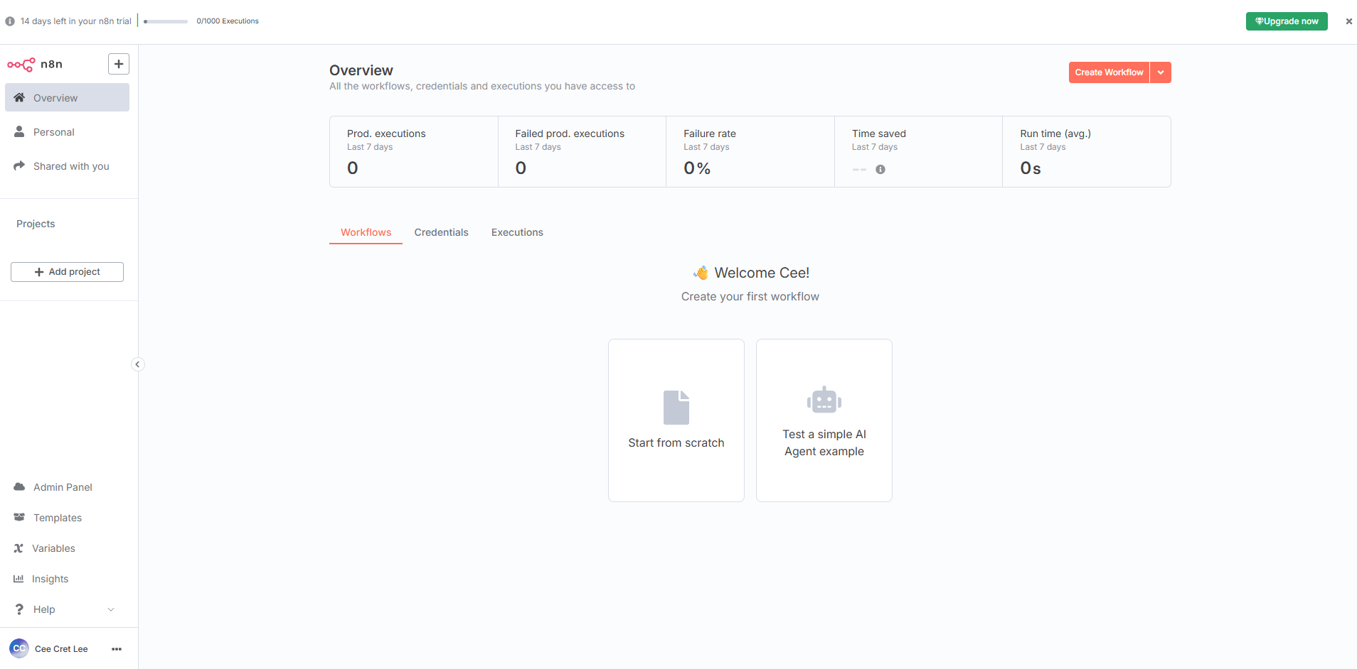 Dashboard overview showing "Create Workflow" button and options to start a new workflow or test an AI Agent example.